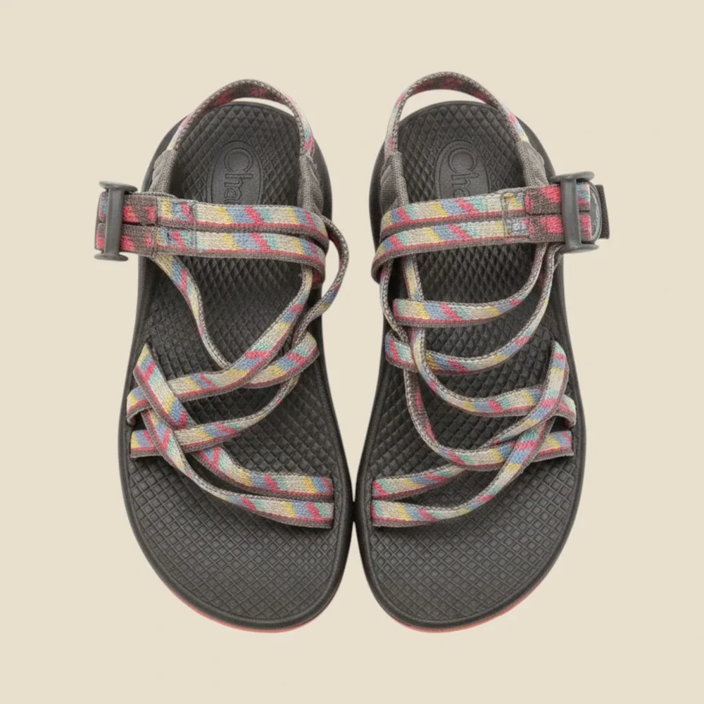 Chaco Kids Z1 Ecotread Strappy Sandals Gray Pink Yellow Geometric Pattern Size13